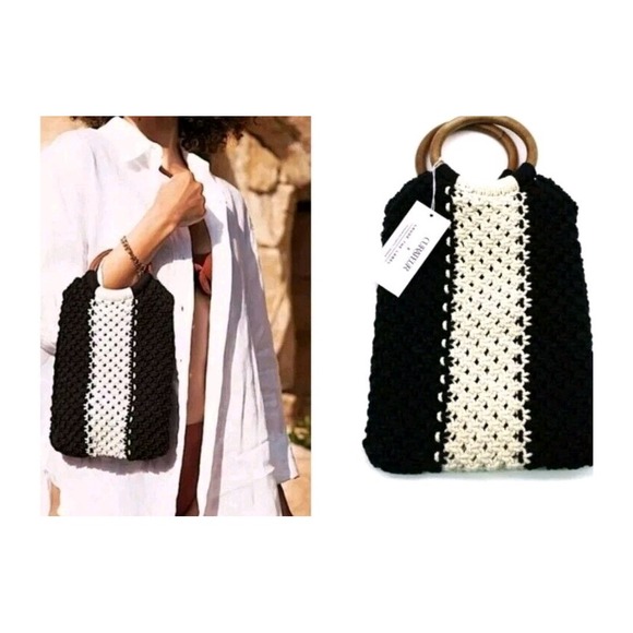 Laude The Label Handbags - Boho NWT "Laude the Label" crocheted blk/white bag w/ wooden round handle